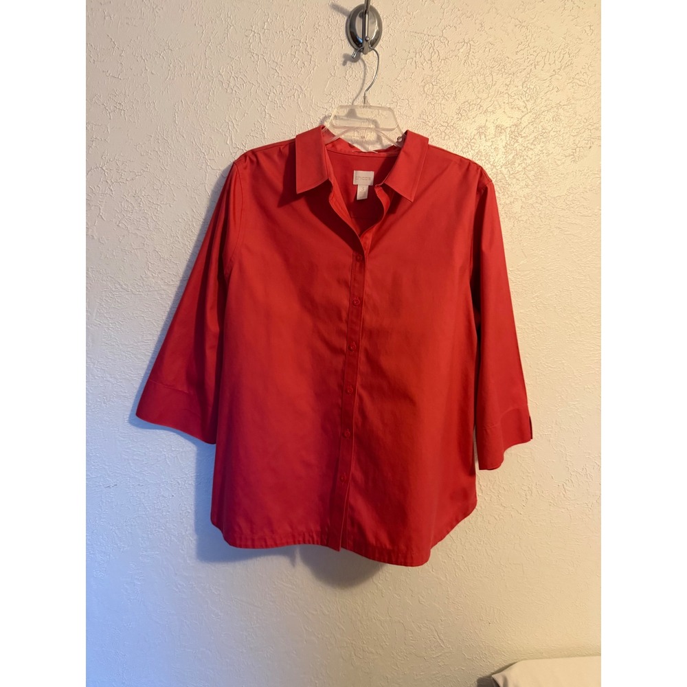 Chicos No-Iron Button Down Shirt Red 3/4 Sleeve Cotton Top Size 3 XL 16